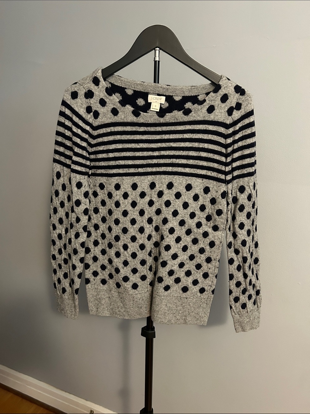 J. Crew Gray Sweater with Black Polka Dot and Stripe Design